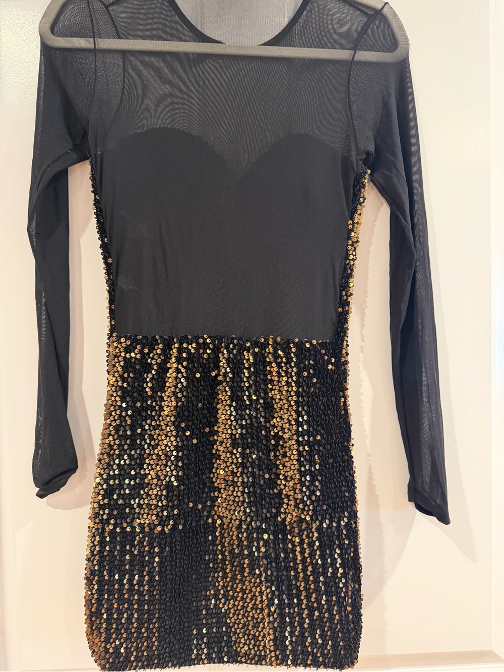 Black Sequin Mesh Long-Sleeve Bodycon Dress - Picture 6 of 7